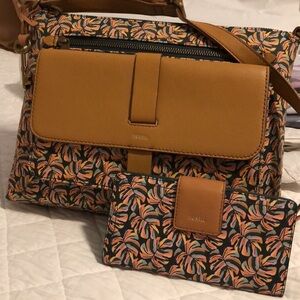 FOSSIL LOGAN RFID KINLEY LEAF PRINT CROSSBODY BAG PLUS CLUTCH WALLET NWT